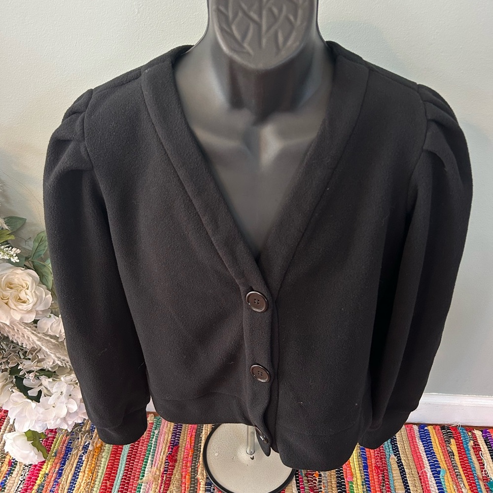 NEW Dudley Stephens Kelly Puff Sleeve Cardigan Black Vello Fleece Medium